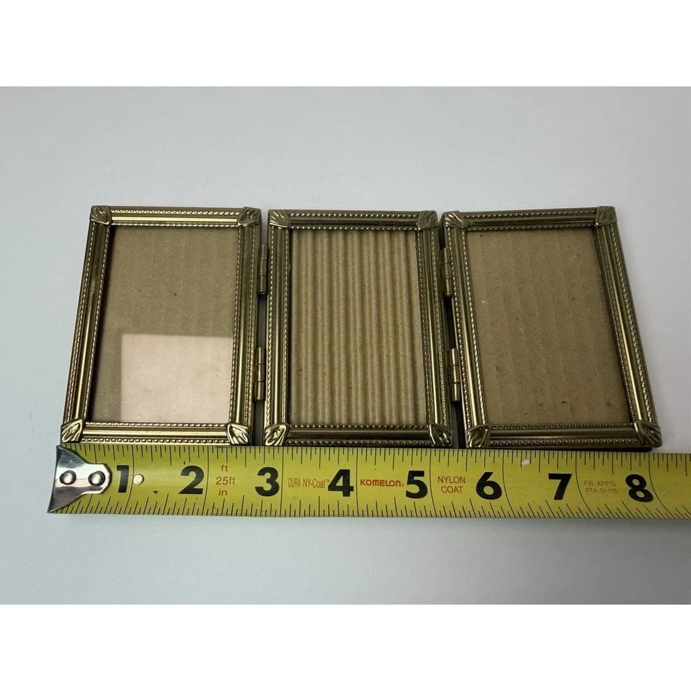 Gold Tone Brass Ornate Tri-fold Hinged Picture Frame Home Decor Vintage
